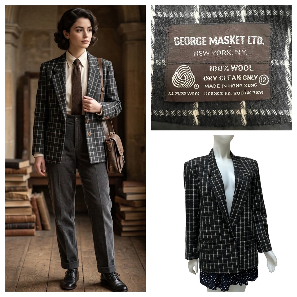 Vtg 90's George Masket NYC Wool Windowpane Plaid Blazer Preppy Hong Kong  Sz 12